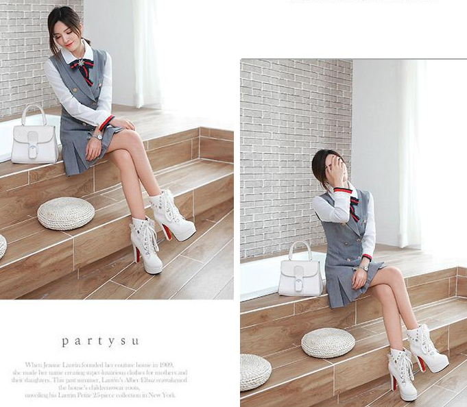 รองเท้าบูทหุ้มข้อแต่ผ้าโปร่งสีน้ำตาล/ดำ/ขาว ไซต์ 34-43