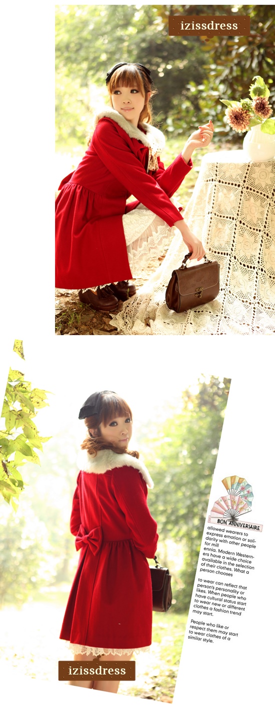 M072 ***พร้อมส่งไซส์ S มีแค่ชุดไม่มีเฟอร์นะคะ***เสื้อโค้ทกันหนาวสีแดง ปกคอบัวเล่นดีเทลปกด้านขวาร้อยผ่านเป็นรูปโบว์ด้านหน้า ด้านหลังติดโบว์ สวยเหมือนแบบค่ะ