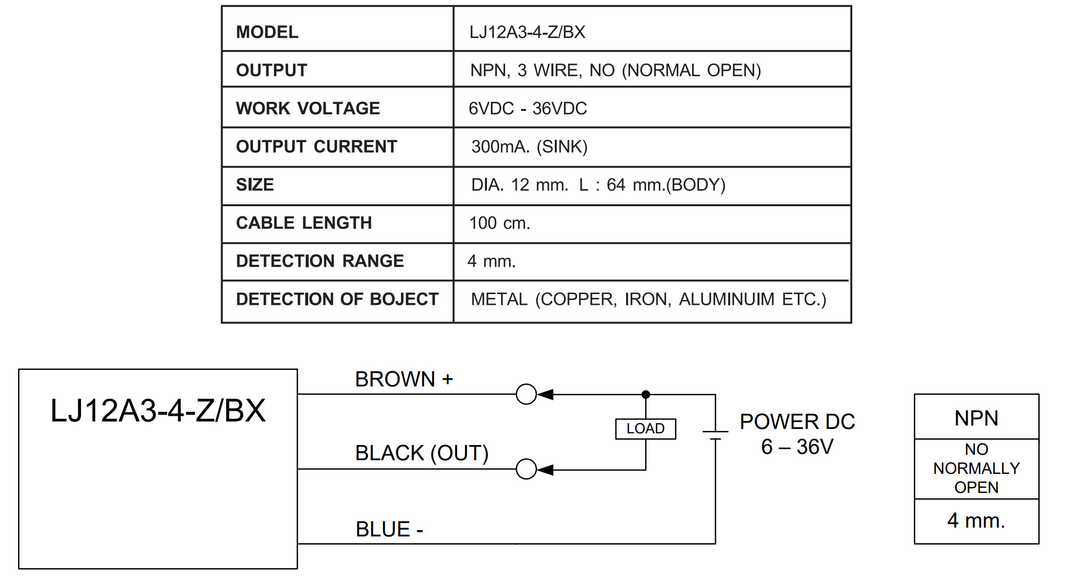 Inductive Proximity Sensor Detection Switch LJ12A3-4-Z/BX NPN NO ปกติเปิด เซนเซอร์ตรวจจับโลหะระยะสูงสุด 4mm