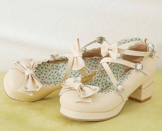 รองเท้าส้นสูงน่ารักๆส้นหนา ไซต์ 34-43 สีดำ/ขาว/ครีม/ชมพู/เขียว