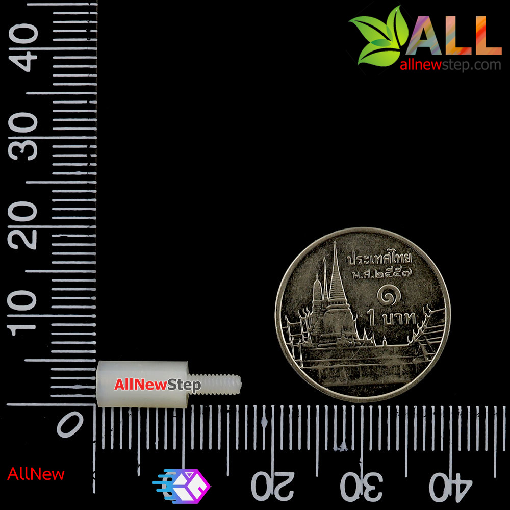 M2.5 Nut Nylon Hex Spacers M2.5 10+6mm เสาพลาสติก M2.5 ความสูง 10mm ปลายเป็นน๊อต-สกรู 6mm สีดำ