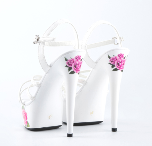 รองเท้าส้นสูงส้นพิมพ?ลายดอกกุหลาบสีขาว/ชมพู ไซต์ 34-41
