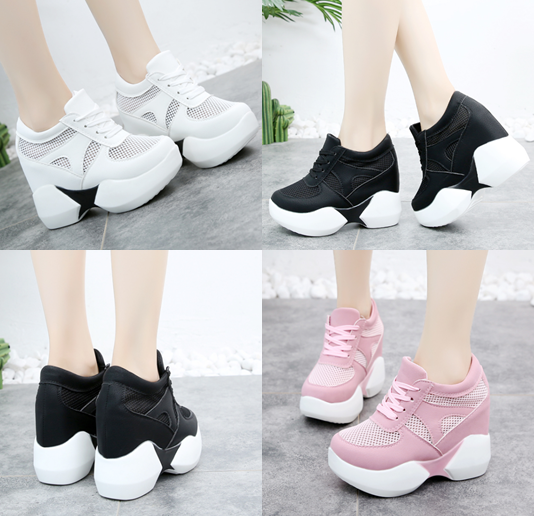 รองเท้าผ้าใบเสริมส้นแต่งผ้าโปร่งสีดำ/ขาว/ชมพู ไซต์ 35-39
