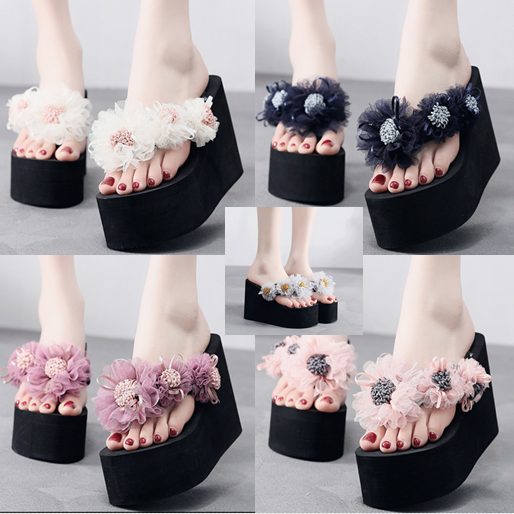 รองเท้าส้นเตารีดฟองน้ำแต่ดอกไม้สีดำ/ชมพู/ม่วง/เทา/ขาวไซต์ 35-41