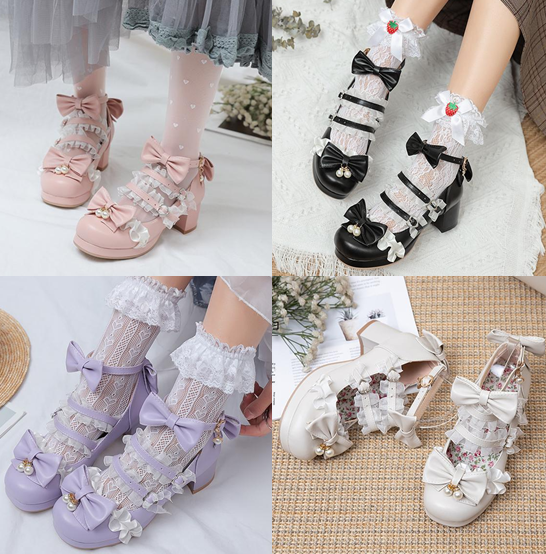 รองเท้าส้นสูงเจ้าหญิงน่ารักๆ ไซต์ 34-43 สีดำ/ครีม/ชม/ม่วง