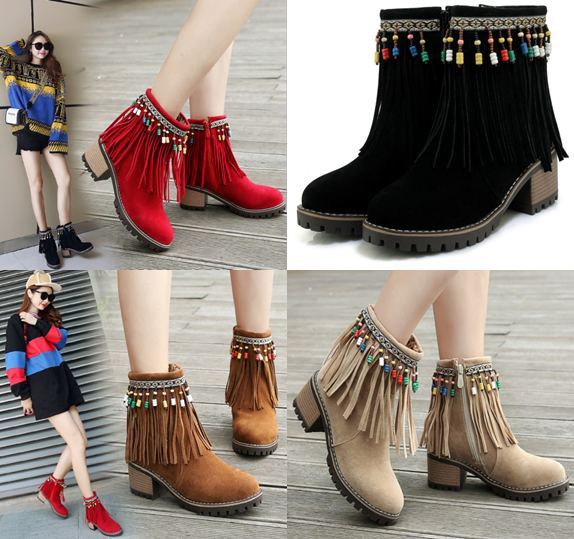 รองเท้าบูทสไตล์ชนเผ่า ไซต์ 34-43 สีดำ/แดง/แอพพริคอท/น้ำตาล