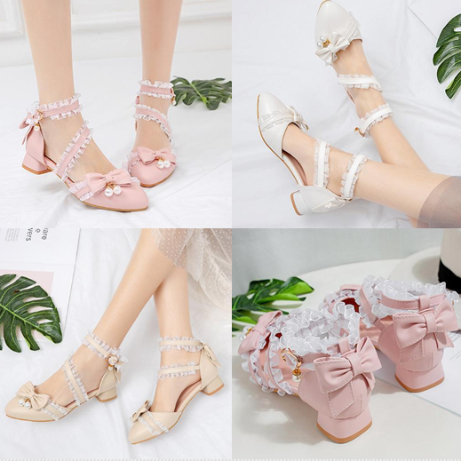 รองเท้าส้นสูงคอสเพลน่ารักๆ ไซต์ 34-43 สีชมพู/ขาว/ครีม