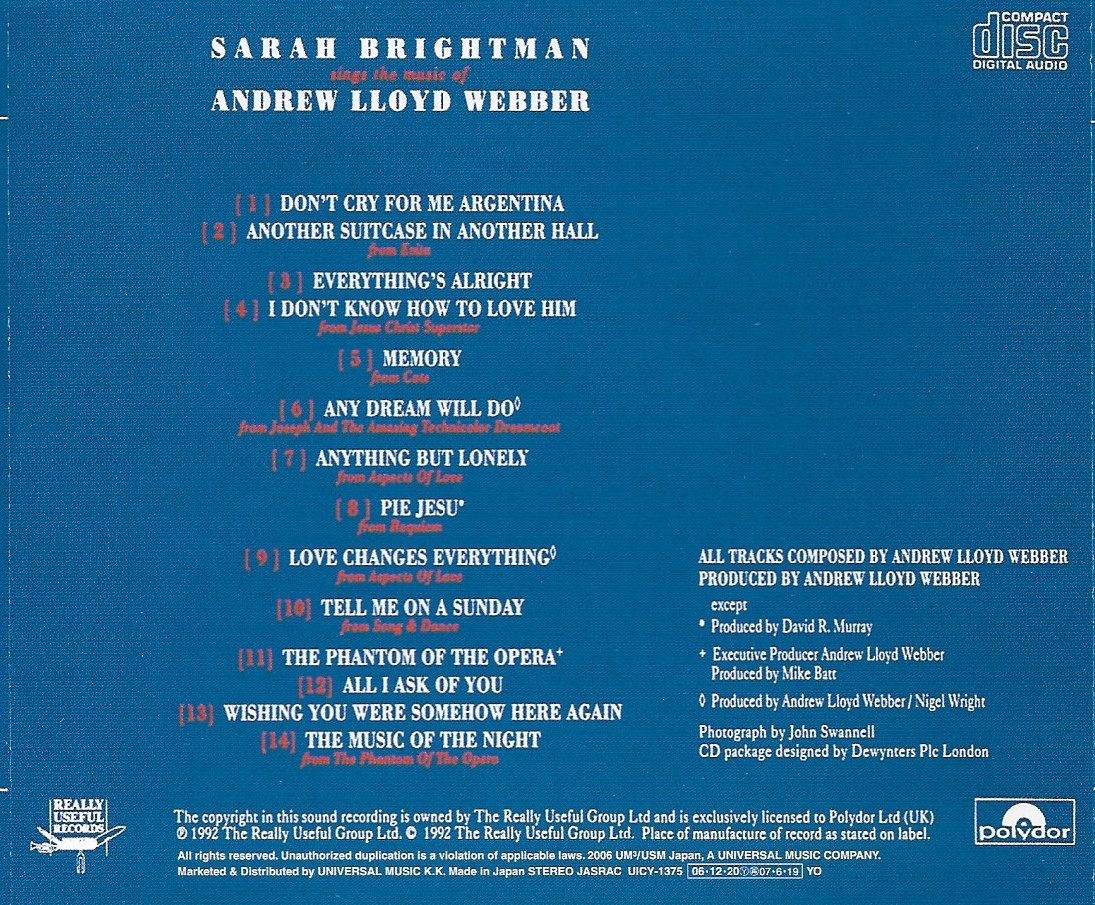 Used CD,Sarah Brightman Andrew Lloyd Webber- Sings The Music Of (A+)(1992)(Japan)