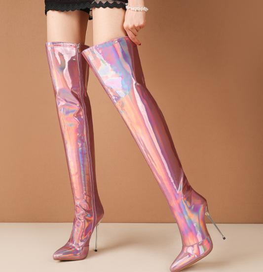 รองเท้าบูทยาวหนังเงาเมทาลิค ไซต์ 34-43 สีม่วง/เงิน/ทอง/แดง