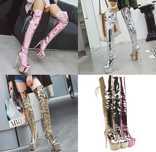 รองเท้าบูทส้นสูงหนังแก้วเมทาลิค ไซต์ 34-46 สีเงิน/ทอง/ชมพู