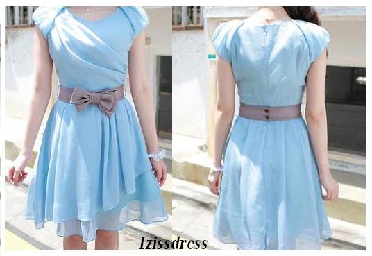 **พร้อมส่งค่ะ***ฺ Chuvivi เดรสผ้าซีฟองสีฟ้าคอถ่วงแขนจับงุ้ม กระโปรงตัดเฉียงด้านหน้า สินค้าจริงเหมือนในภาพที่นางแบบใส่ค่ะ ***แถมเข็มขัดโบว์สีเทาชั้นเดียวฟรีนะคะ