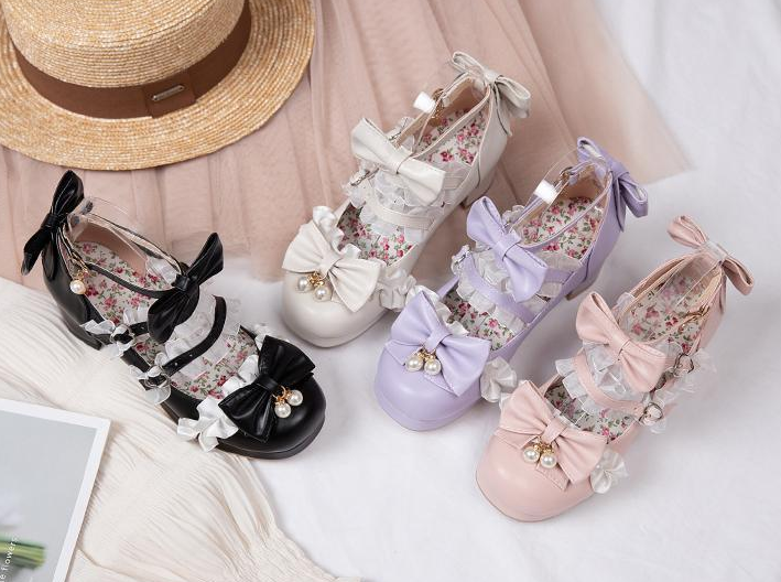 รองเท้าส้นสูงเจ้าหญิงน่ารักๆ ไซต์ 34-43 สีดำ/ครีม/ชม/ม่วง