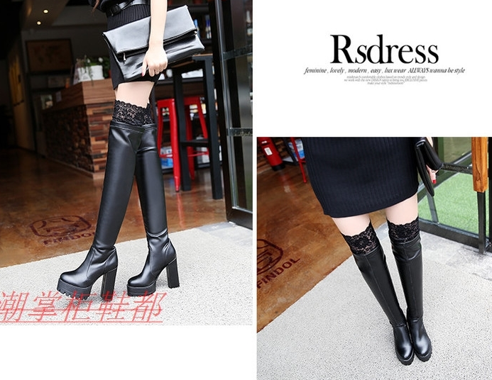 รองเท้าบูทยาวส้นสูงหนังยืดสีดำ/ขาว ไซต์ 34-42