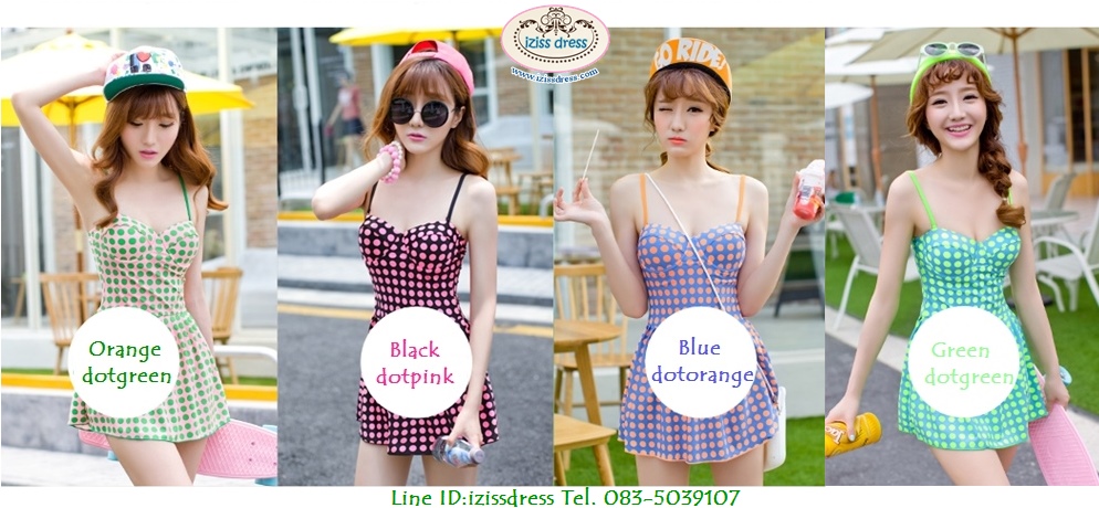 **พร้อมส่ง**ชุดว่ายน้ำบิกินี่วันพีชสีน้ำเงินลายจุดสีส้ม กระโปรงบานออกช่วงเอว ซ่อนกางเกงไว้ด้านใน ไม่โป๊ค่ะ สวยน่ารักเหมือนแบบค่ะ