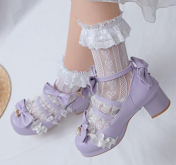 รองเท้าส้นสูงเจ้าหญิงน่ารักๆ ไซต์ 34-43 สีดำ/ครีม/ชม/ม่วง