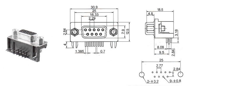Black DR9 female DR9 hole curved needle welding type DB9 curved needle serial female