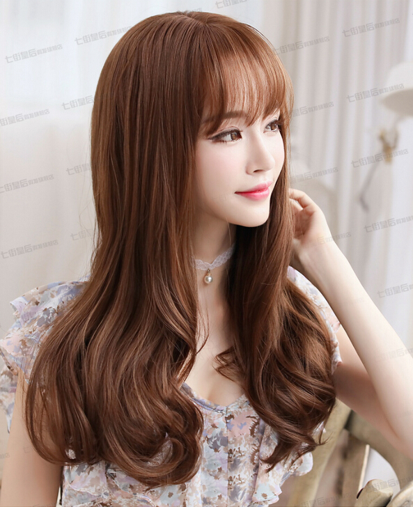 C1128 วิกผมลอนปลายระดับหน้าอก เเสกกลางมีหนังศรีษะ ผมม้า