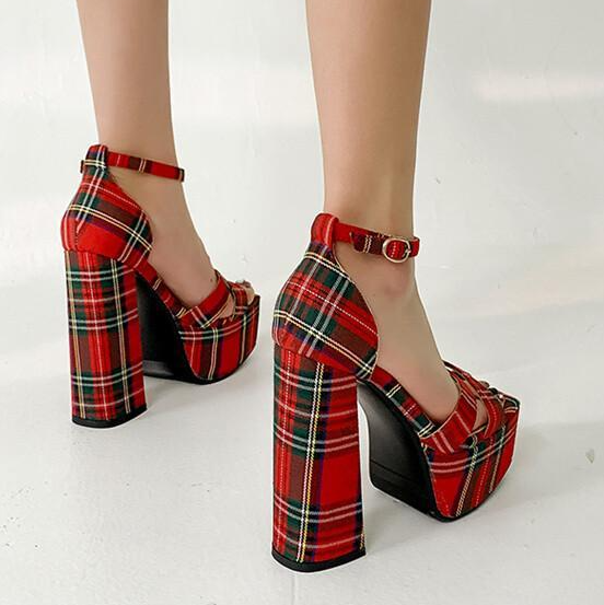 รองเท้าส้นสูงส้นหนา ไซส์ 34-43 สีฟ้า/ชมพู/แดง/