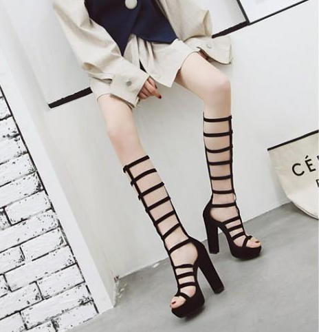 รองเท้าGladiatorส้นสูงสีดำหนังกำมะหยี่ ไซต์ 34-43