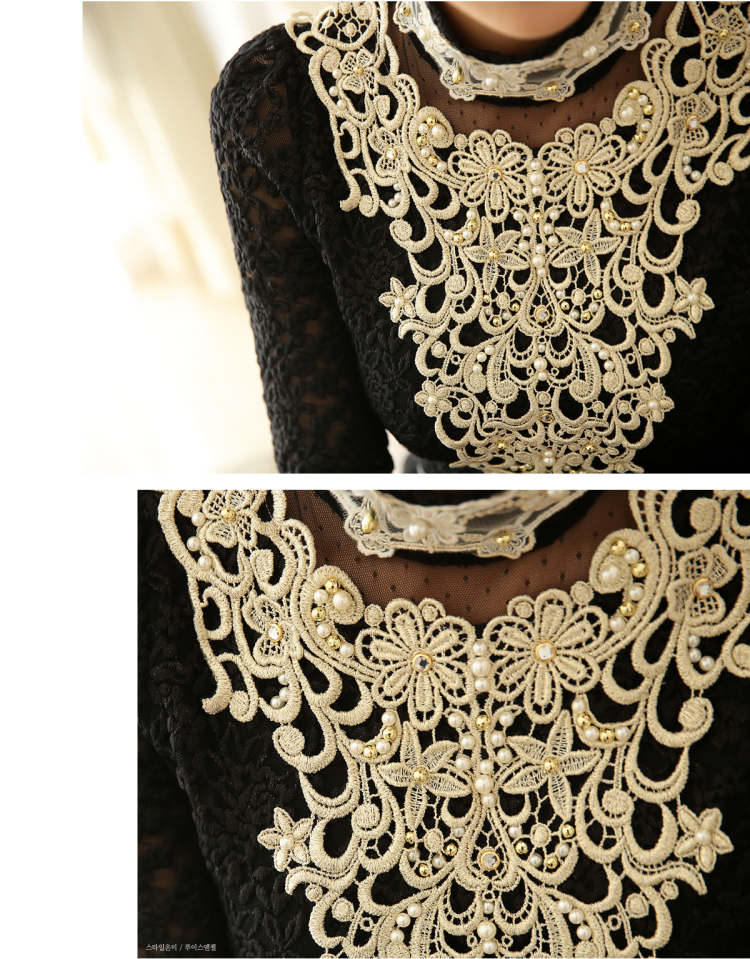 **พร้อมส่ง**เสื้อใส่ทำงานผ้าลูกไม้คอติดมีระบายสีดำแขนยาว ดีเทลตกแต่งช่วงอกด้วยลูกไม้ปักลายใบไม้สีครีมทอง ปลายแขนประดับผ้าโปร่งปักลายดอกไม้สีทอง สวยคุณภาพดีเหมือนแบบค่ะ