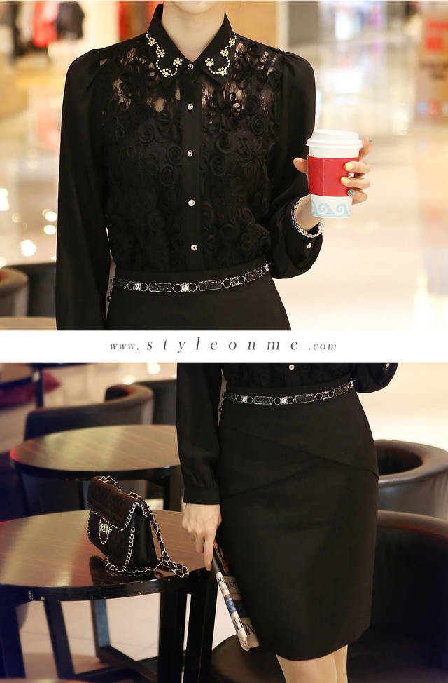 ***หมดค่ะ*** เสื้อชีฟองสีดำ ช่วงลำตัวต่อลุกไม้ แขนยาว ปักพลอยที่ปกเสื้อ สวยเหมือนแบบค่ะ