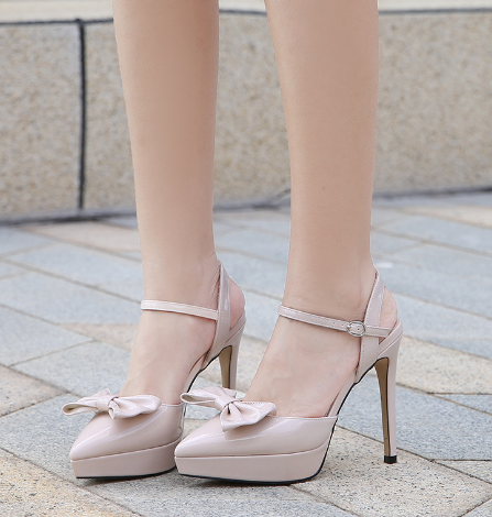 รองเท้าส้นสูงปลายแหลมแต่งโบว์หน้า ไซส์ 35-46 สีดำ/แดง/ขาว/ชมพู/แอพพริคอท