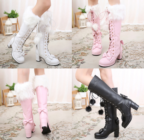 รองเท้าบูทสายคอสเพลฟรุ้งฟริ้งสีชมพู/ขาว/ดำ ไซต์ 34-40