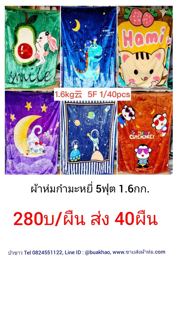 ผ้าห่มกำมะหยี่ 5ฟุต 1.6กก. ผืนละ 280บาท ส่ง 40ผืน