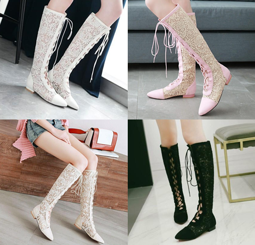 รองเท้าทรงบูทผ้าลูกไม้โปร่งสีชมพู/ดำ/ขาว/ครีม ไซต์ 34-43