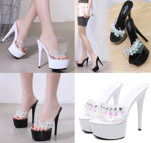 รองเท้าส้นสูงแบบสวมแต่คริสตัลสวยหรูพื้นดำ/ขาว ไซต์ 34-41