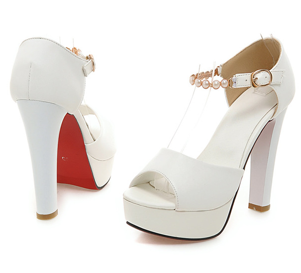 รองเท้าส้นสูงสายรัดข้อแต่งมุข ไต์ 34-43 สีดำ/ขาว/ชมพู/ฟ้า/เขียว