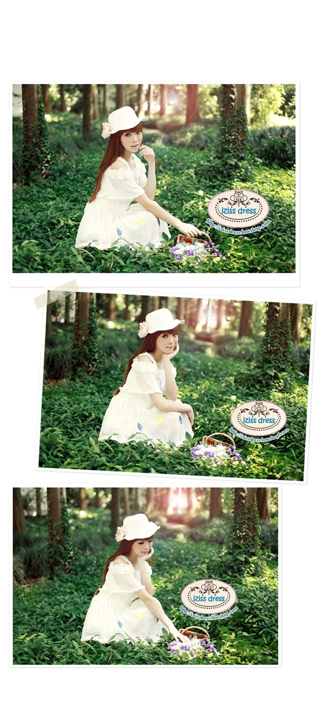 **พร้อมส่ง**เดรสสีขาวตกแต่งรอบคอด้วยดอกกุหลาบ แขนระบาย ชายกระโปรงประดับด้วยรูปหยดน้ำโทนสีฟ้า