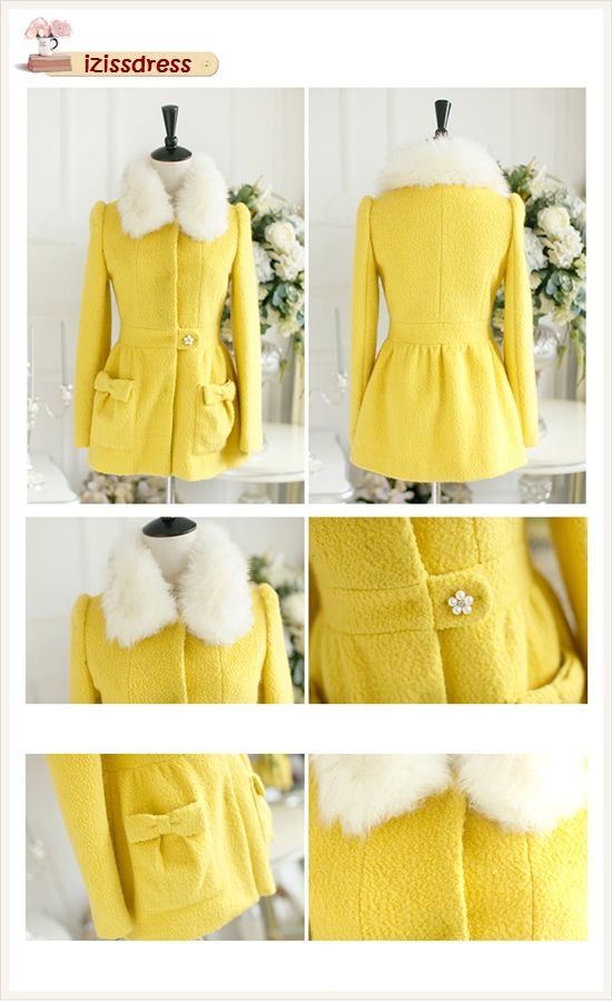 ***พร้อมส่งไซส์ S***เสื้อโค้ทกันหนาวสีเหลืองปกล้อมรอบด้วยขนเฟอร์ กระเป๋าติดโบว์ทั้ง 2 ข้าง ช่วงเอวติดมุขรูปดอกไม้ ผ่าหน้าติดกระดุมด้านใน สวยเหมือนแบบค่ะ