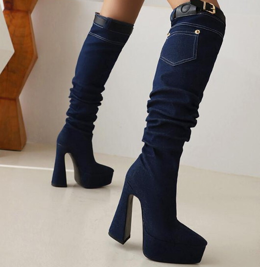 รองเท้าบูทยีนส์ยาวเลยเข่า ไซส์ 34-43 สีดำ/ฟ้า/น้ำเงิน