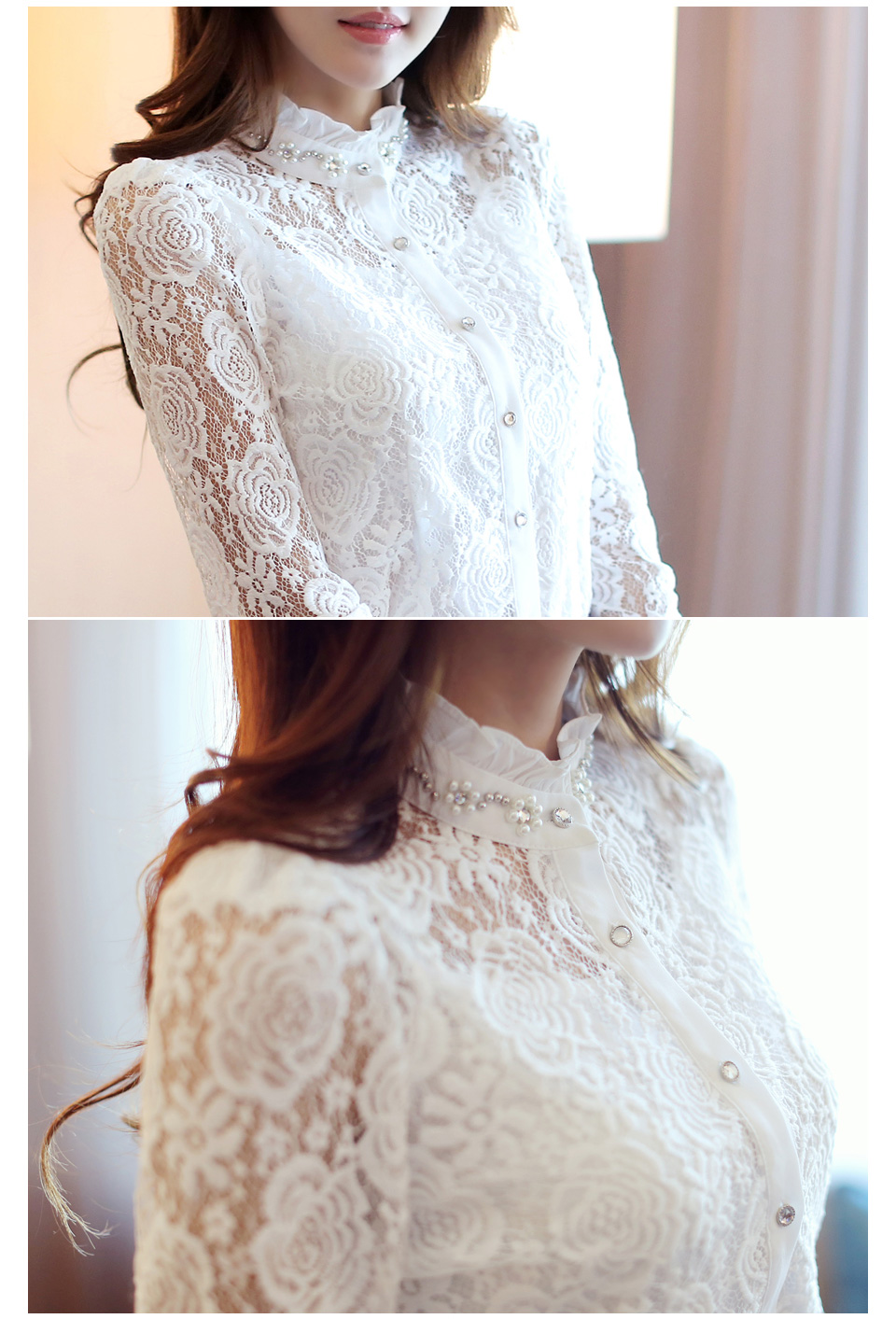 **หมดค่ะ**เสื้อทำงานผ้าลูกไม้สีขาวแขนยาวทอลายดอกกุหลาบ ดีเทลตกแต่งคอด้วยเพชรผสมมุกรูปดอกไม้ สวยเหมือนแบบค่ะ