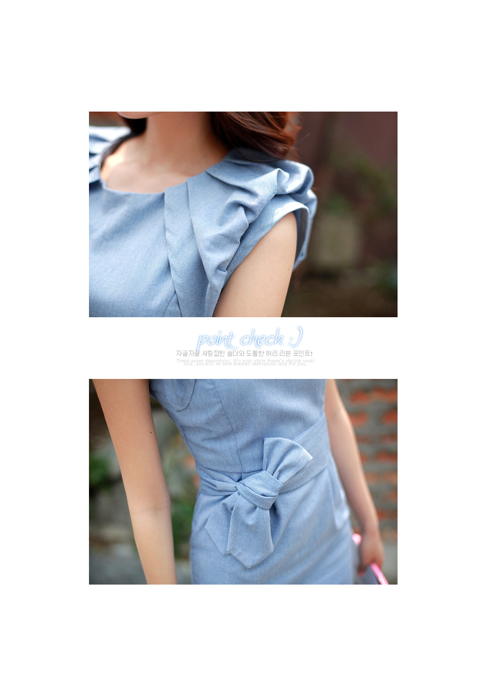 **พร้อมส่ง**เดรสผ้าฝ้ายสีฟ้ายีน จับจีบที่ไหล่ ผูกโบว์น่ารักๆ ที่เอวค่ะ