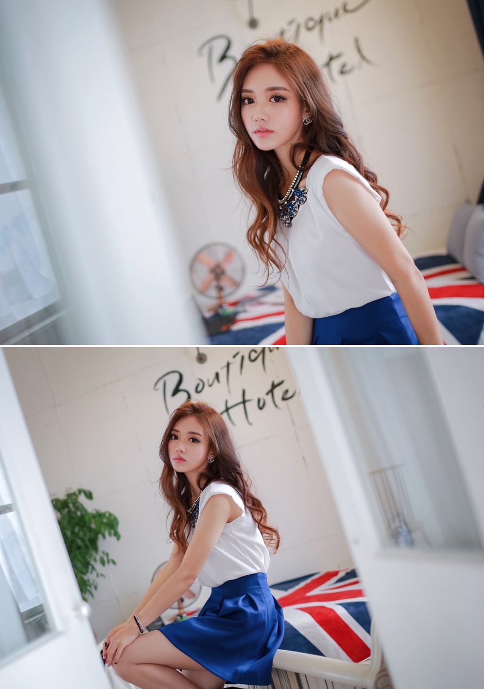 ***หมดค่ะ***ชุดเสื้อสีขาวคอกลมมาพร้อมกระโปรงจับจีบสีน้ำเงินสดใส ประดับด้วยสร้อยลายเก๋ สวยมากๆค่ะ