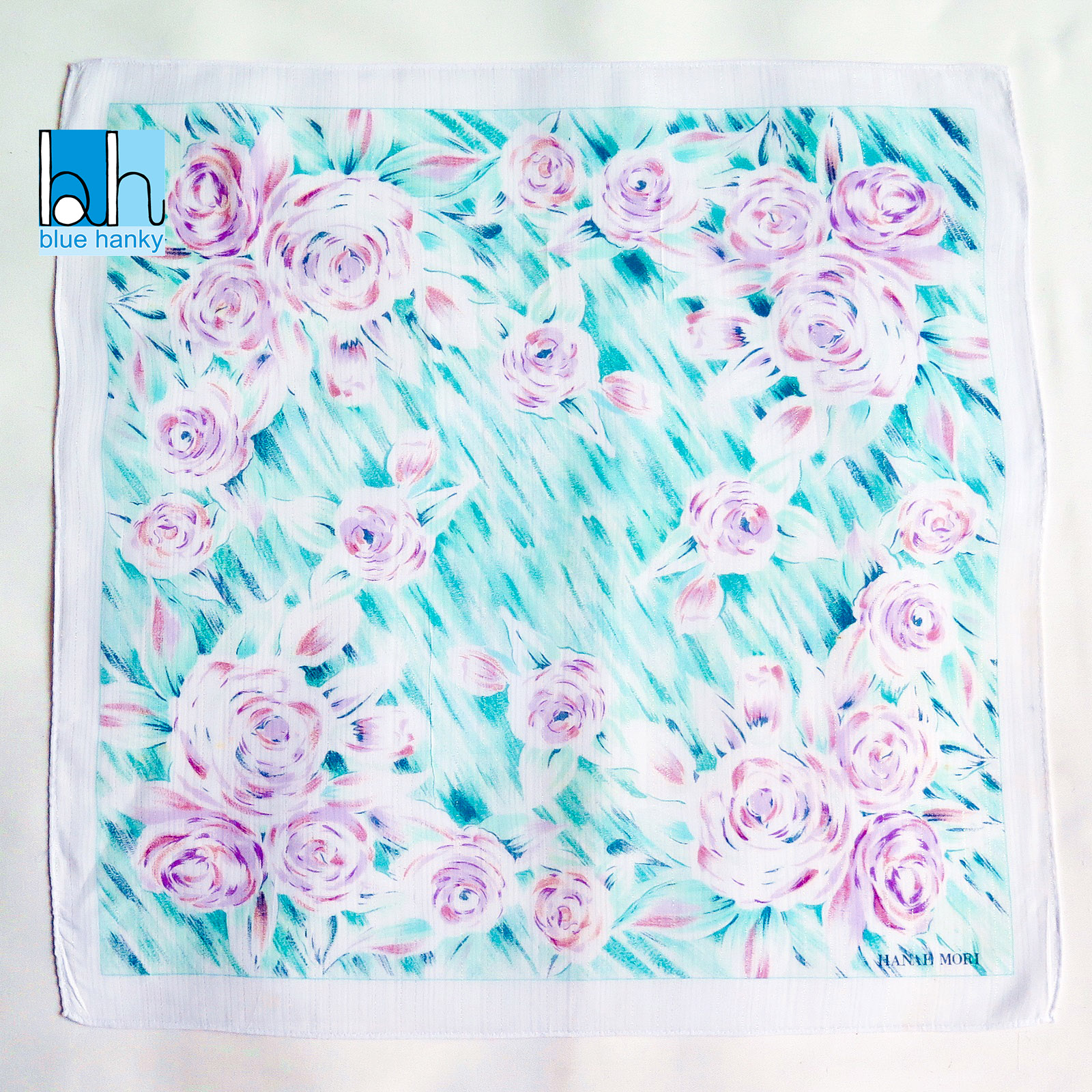 #174 19" HANAE MORI ผ้าเช็ดหน้ามือ2 สภาพดี ผ้าเช็ดหน้าผืนใหญ่