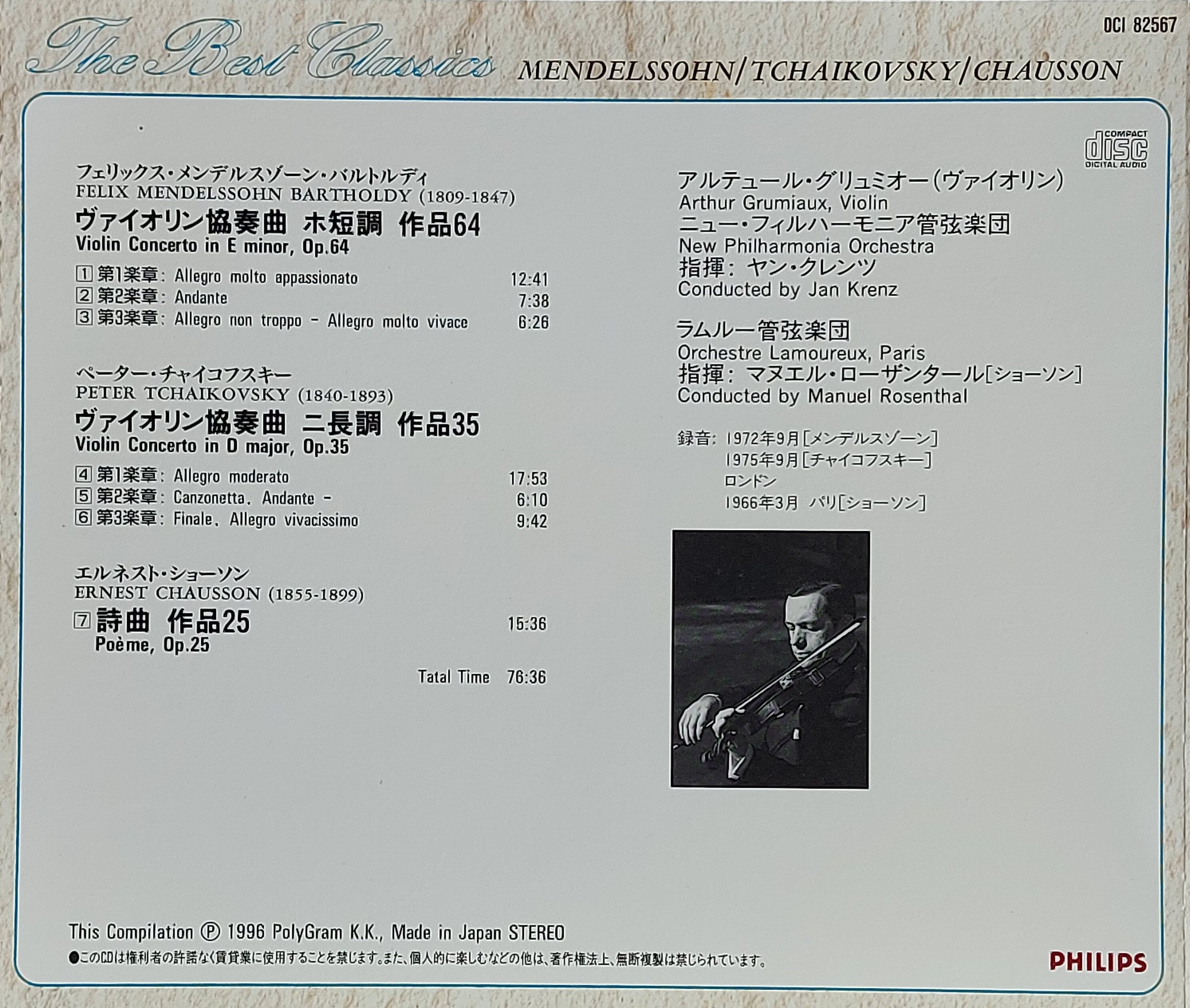 Used CD,The Best Classic Mendelssonh Tchaikovsky Chausson (A+)(Classical)(instrumental)(1996)(Japan)