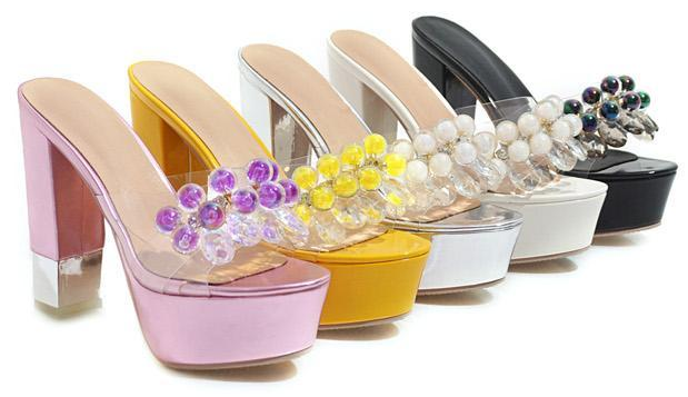 รองเท้าส้นสูงแบบสวมแต่งคริสตัล ไซต์ 34-43 สีดำ/ขาว/เงิน/เหลือง/ชมพู