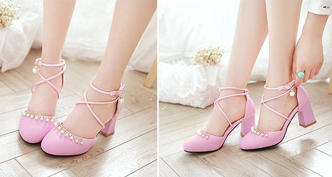 รองเท้าส้นสูงน่ารักๆสีชมพู/ดำ/ขาว/ม่วง/ครีม ไซต์ 34-43