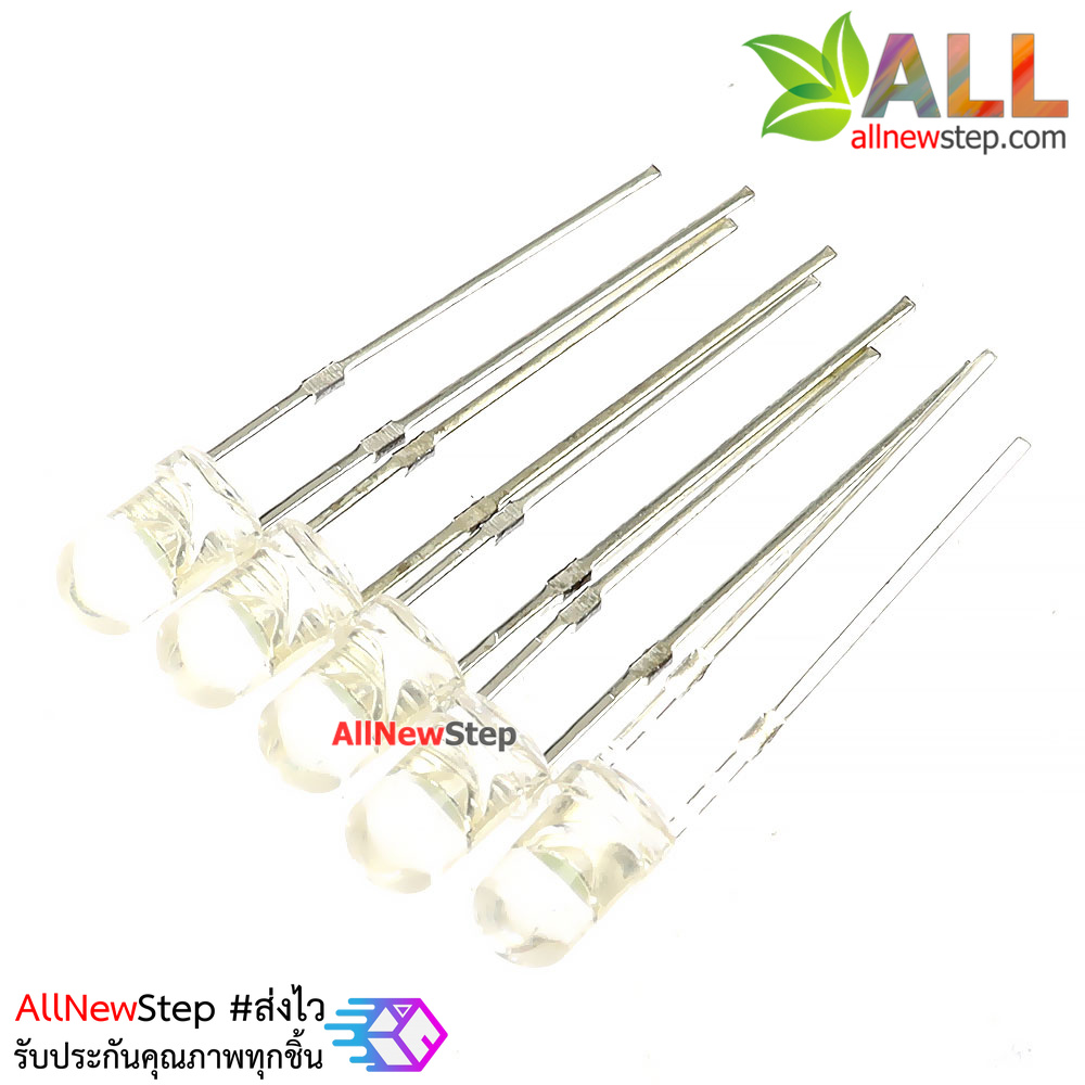 led 3mm แบบใส สีขาว จำนวน 5 ชิ้น ไฟเลี้ยง 3-3.2v