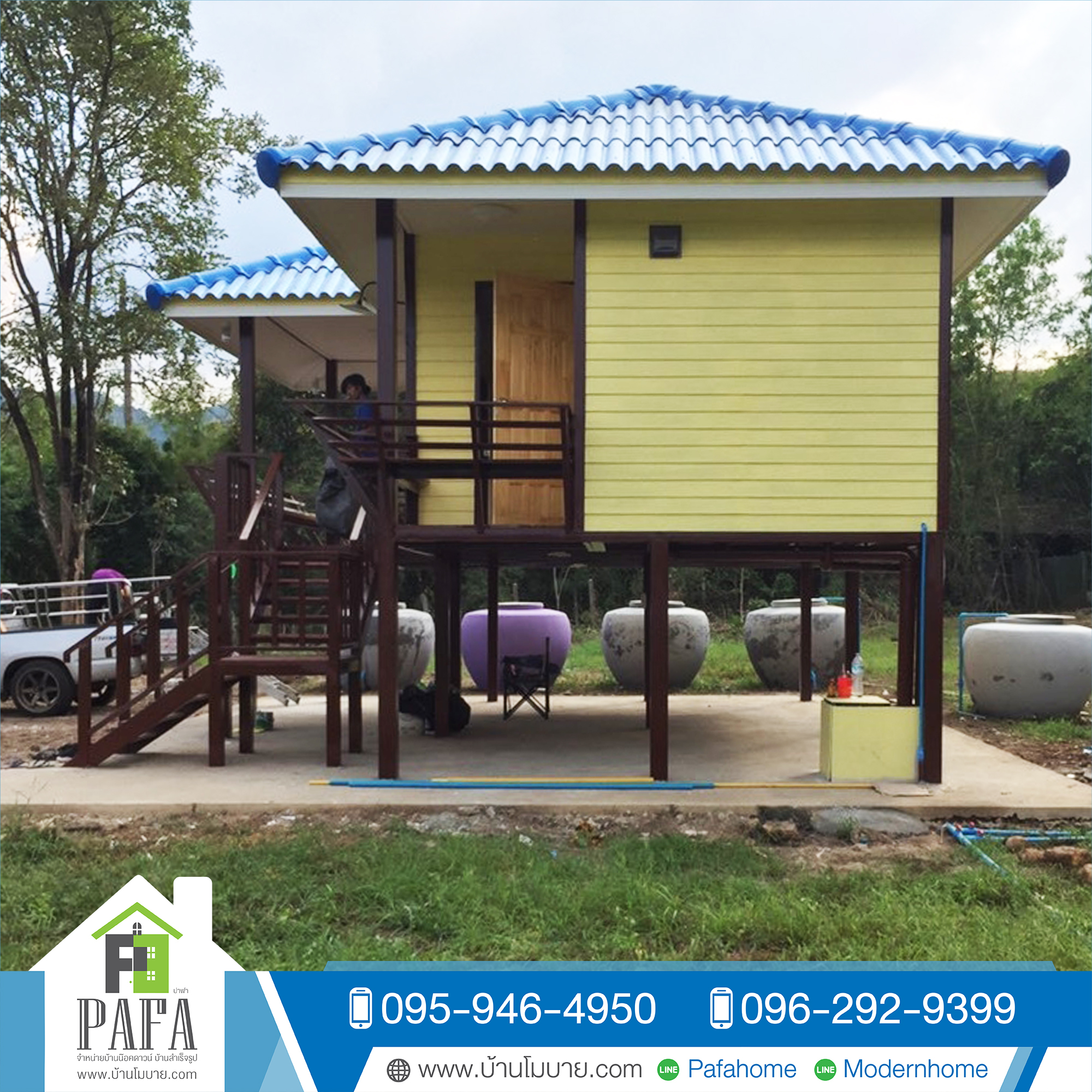 บ้านน็อคดาวน์ขนาด 4*8 เมตร พร้อมระเบียง 2*5 เมตร ยกสูง 1.8 เมตร