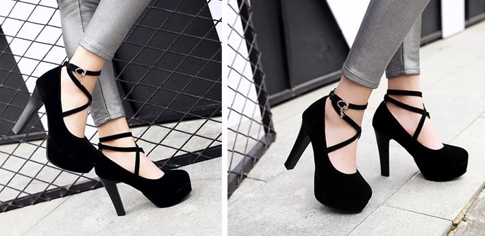 รองเท้าส้นสูงส้นหนาสายไขว้หน้า ไซต์ 34-43 สีดำ-ครีม/ชมพู/ส้ม/น้ำเงิน