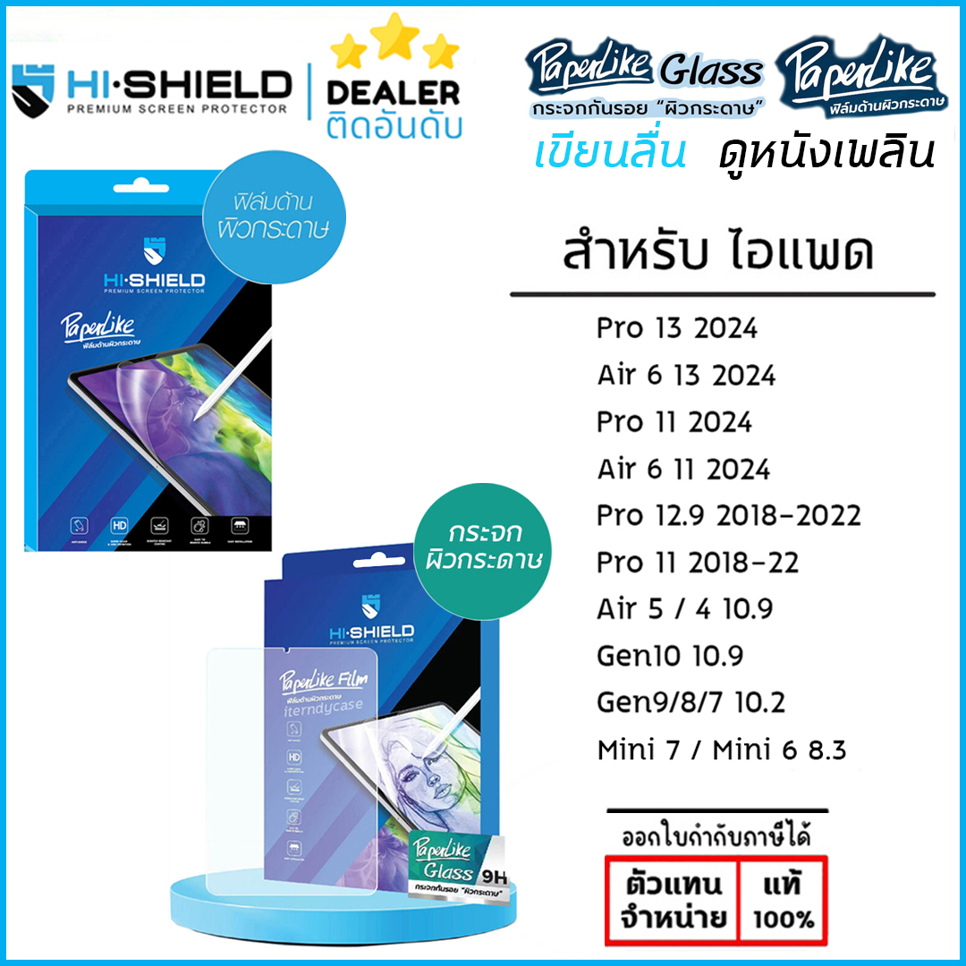 Hishield กระจกกระดาษ ฟิล์มกระดาษ Paper like ใช้สำหรับ iPad Air 6 Pro 13 2024 Pro 11 12.9 Air 5 4 10.2 Mini 7 6 ใบกำกับภาษี