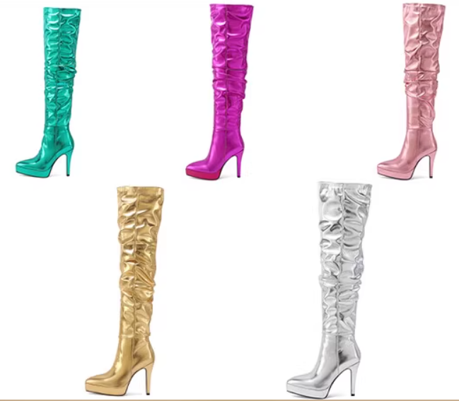 รองเท้าบูทยาวถึงต้นขาปลายแหลม ไซส์ 34-43 สีเขียว/เงิน/ทอง/ม่วง/ชมพู