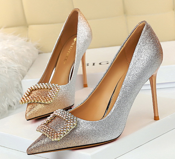 รองเท้าส้นคัทชูปลายแหลมกริ๊ตเตอร์ทูโทน ไซต์ 34-40 สีชมพู/ทอง/ดำ