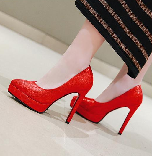 รองเท้าส้นสูงงานผ้าลูกไม้สีขาว/แดง ไซต์ 34-43