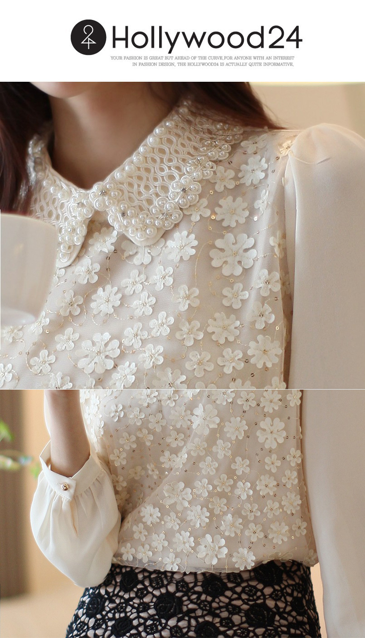 ***หมดค่ะ***เสื้อลูกไม้สีครีม แขนยาวผ้าชีฟอง คอปกปักมุก ด้านหลังติดกระดุมที่คอสวยมากค่ะ