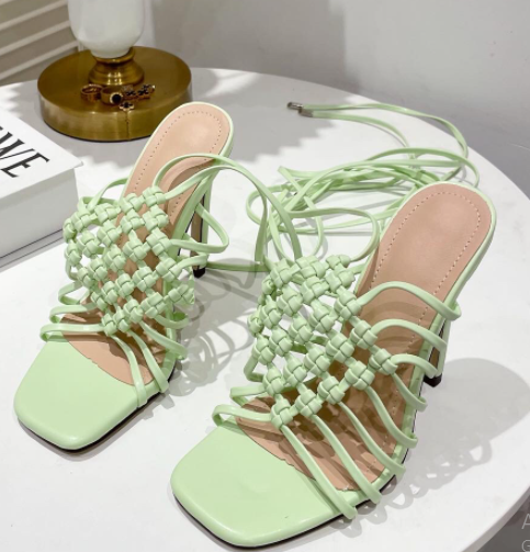 รองเท้าส้นสูงสายถักคาดหน้า ไซต์ 35-42 สีส้ม/ดำ/ขาว/เขียว/ฟ้า